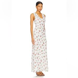 White Cherry-Print Sleeveless Cowl Neck Maxi Dress